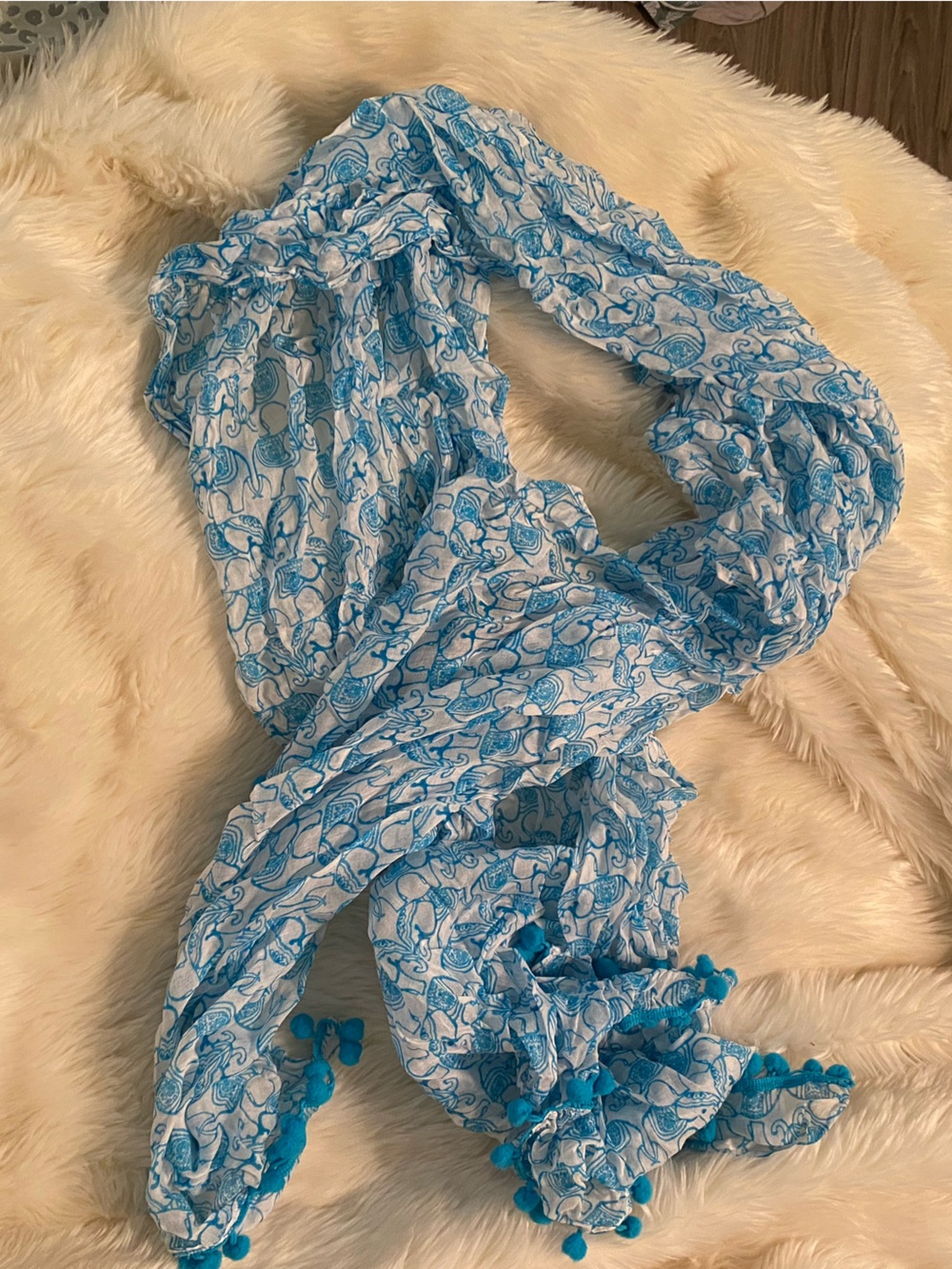crown & ivy Blue and White elephant Print Scarf with Pom Trim